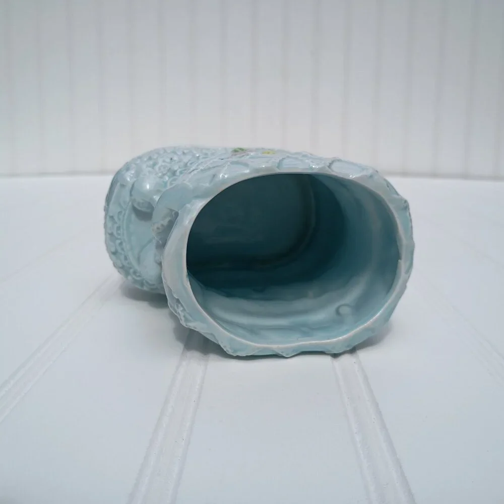 Napco Japan Vintage Baby Bootie Planter Blue Ceramic Laced Flower Mid-Century 4
